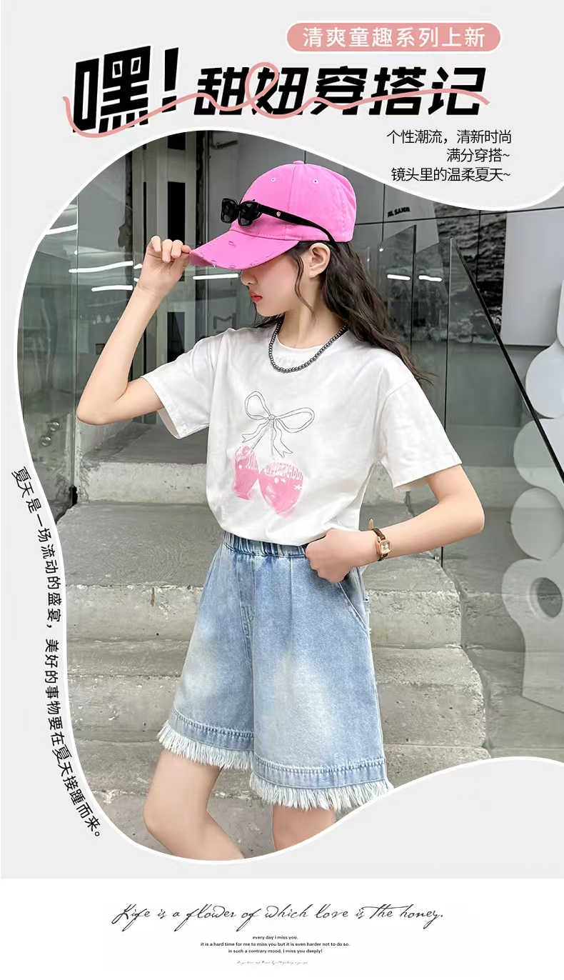 女童白T+牛仔短裤套装